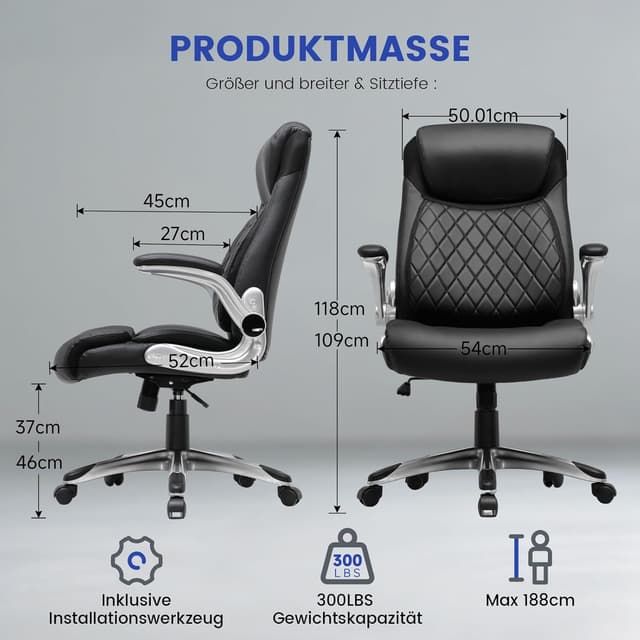 Detalle de COMHOMA Bürostuhl ergonomisch mit S-förmiger Rückenlehne, Wippfunktion und klappbaren Armlehnen – Schwarz