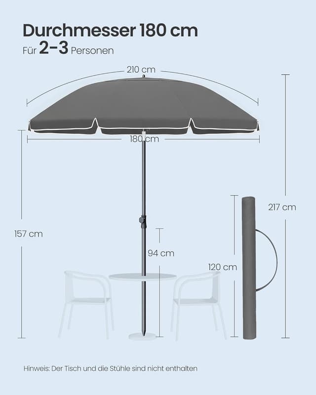 Detalle de SONGMICS Sonnenschirm 180 cm mit UPF 50+ und beidseitigem 30°-Knick, höhenverstellbar, grau (GPU062GZ01)