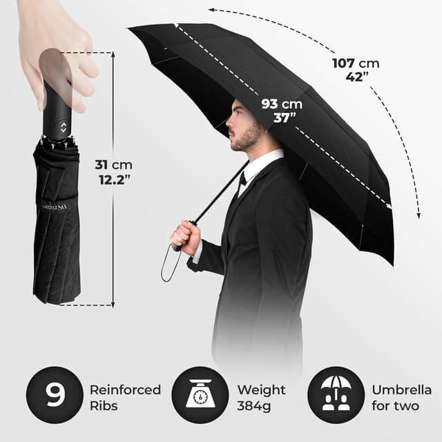Detalle de Umbrella Windproof Compact – Strong Storm Proof Frame, Auto Open/Close Double Canopy, Teflon Water-Resistant (Black)