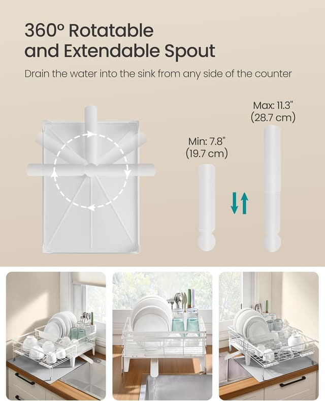 Detalle de SONGMICS KCS552W01 dish drying rack with 360° rotatable spout and cutlery holder