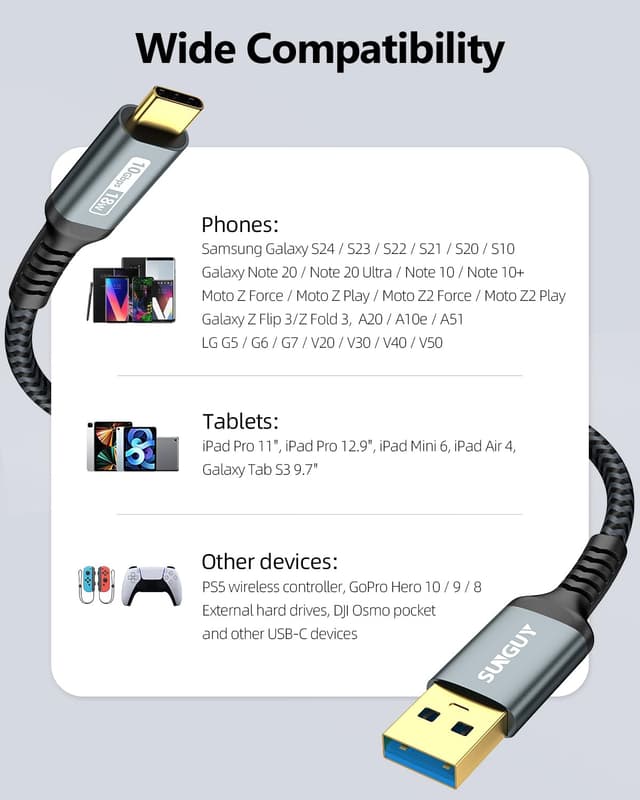 Thumbnail 6 de SUNGUY USB-C auf USB-A Kabel (USB 3.1 Gen 2, 10 Gbps) 1 m – für Laden & Daten, 3 A QC 3.0
