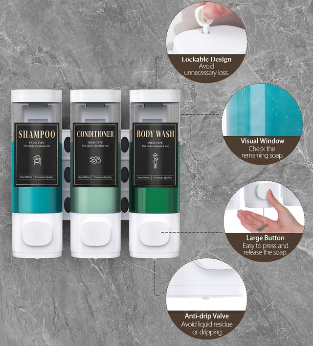 Detalle 2 de Luxspire 3-Chamber Wall Mounted Shampoo & Conditioner Dispenser (No-Drill), White