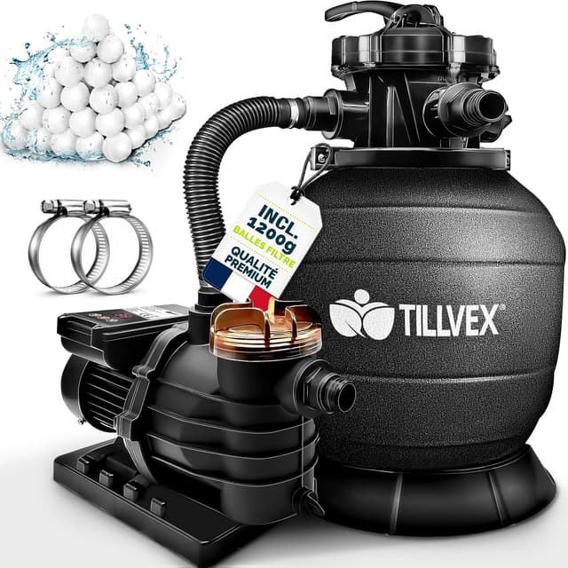 Detalle de Système de filtration à sable tillvex® 13 200 L/h avec vanne 7 voies, indicateur de pression et boules filtrantes