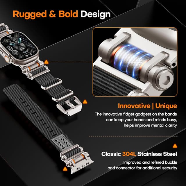 Detalle de TAURI rugged braided nylon Apple Watch Ultra strap (49mm) with stainless steel connectors – adjustable woven band in black