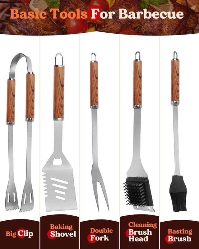 Detalle de KALAHOL 7-in-1 extra thick stainless steel BBQ tools set with storage bag