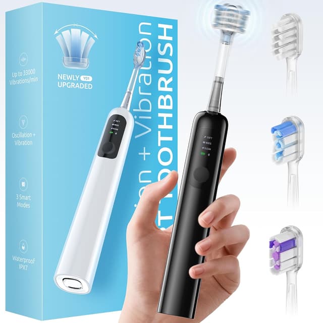 Detalle de SYNHOPE 60° Oscillating Sonic Toothbrush (33K RPM) with 3 Brush Heads, IPX7 Waterproof