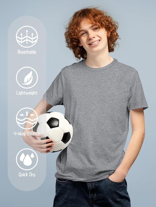 Detalle de QWE 5-Pack Boys Dry-Fit Shirts (Youth Activewear Short Sleeve Tees, 5–18)