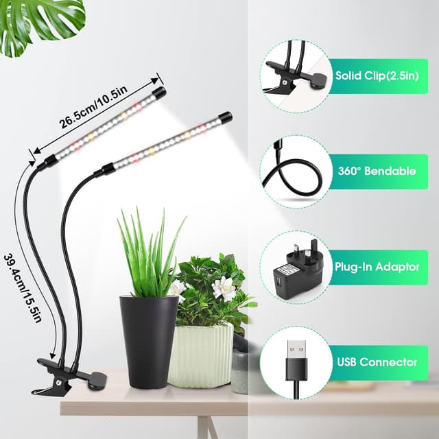 Detalle 2 de Wolezek Grow Lights for Indoor Plants – Full Spectrum LED Plant Light with Clip, 2-Head 6/12/16H Timer & Dimming
