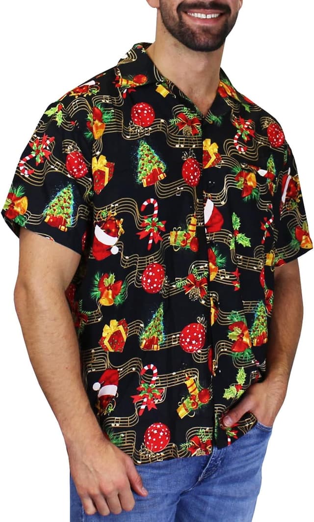 Detalle de King Kameha Men’s Ugly-Christmas-Shirts Funky Short-Sleeve Button-Up Ginger-Bread Print