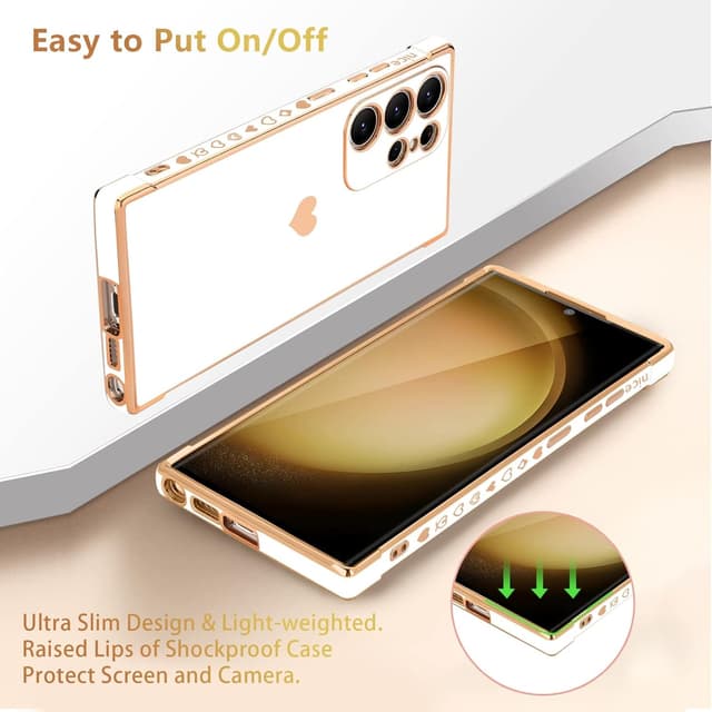 Detalle de Urarssa Samsung Galaxy S23 Ultra case with bling heart design, shockproof silicone bumper – white