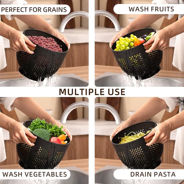 Detalle de Metal Colander with Wood Handle and Stable Base (5.5 Quart, Matte Black) — Powder-Coated Steel Kitchen Strainer