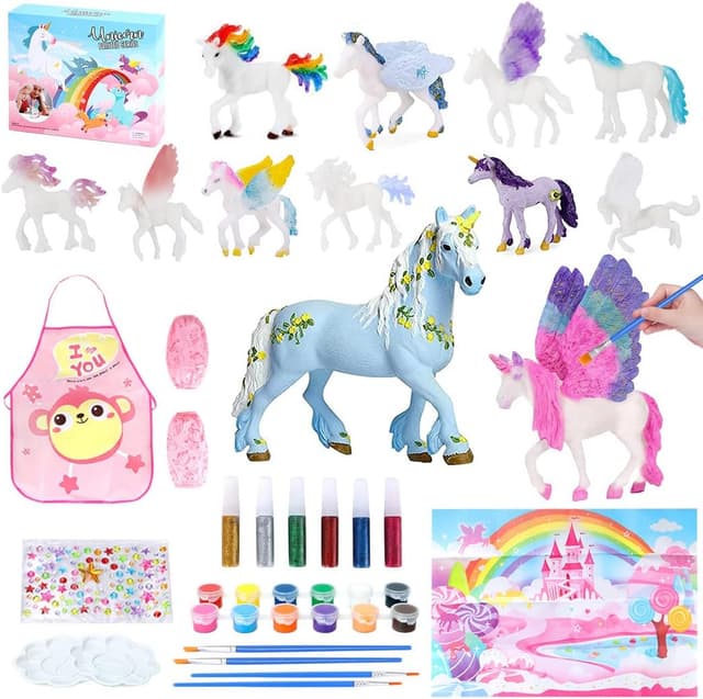 Detalle de Lekebaby Einhorn Malset für Mädchen (4–8 Jahre) mit 12 Einhörnern, 4 Pinseln und Glitter-Gelen
