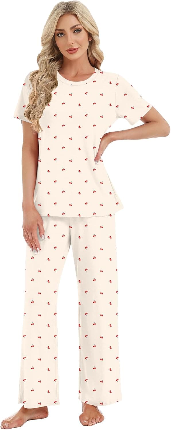 Detalle de Rapbin Damen Schlafanzug Lang – Zweiteiliges Pyjama-Set mit Taschen (Kurzarmshirt & Schlafanzughose)