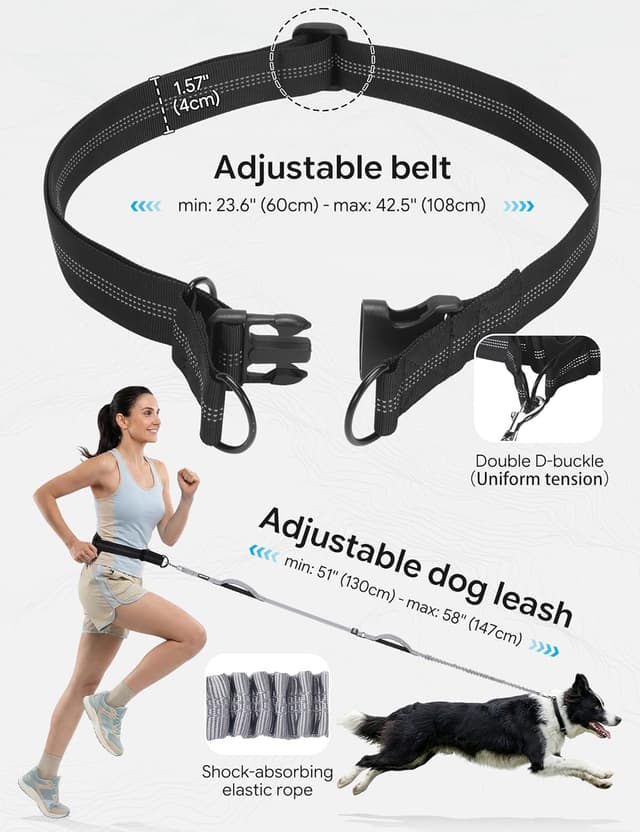 Detalle 2 de Pecute Joggingleine für Hunde (15–55 kg) mit breitem Bauchgurt, wasserdichter Hüfttasche & Stoßdämpfungs-Bungee