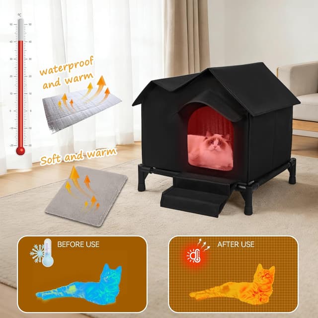 Detalle 2 de Large Outdoor Elevated Double-roof Waterproof Cat House with Stairs, Winter & Summer Weatherproof Warm Shelter (Black)