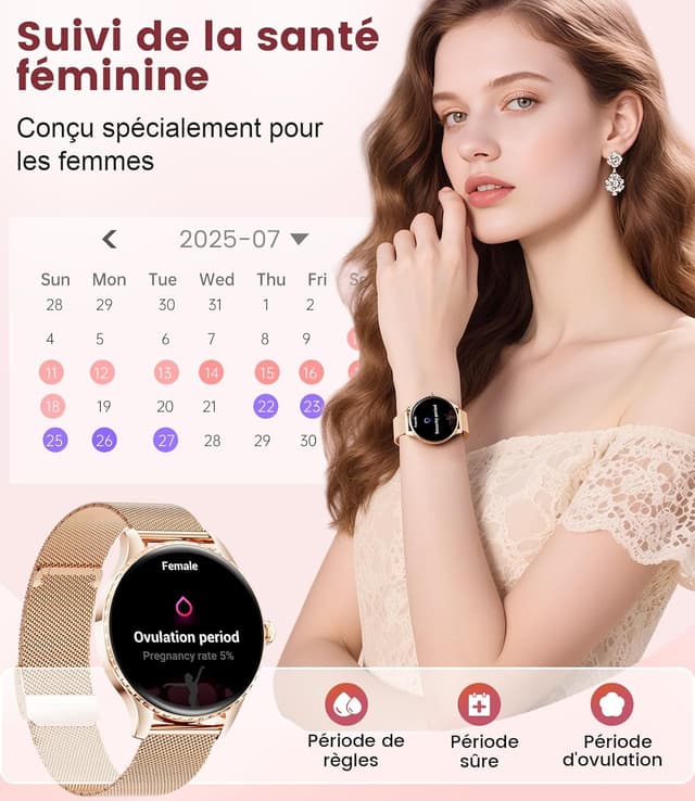 Detalle 1 de Montre connectée femme LIGE SMART avec appels Bluetooth et écran AMOLED 1,32" IP68 (or rose)