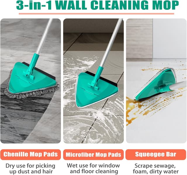 Detalle 2 de JEHONN 200CM Wall Cleaning Mop with Long Handle and 6 Microfibre Chenille Pads (Green)