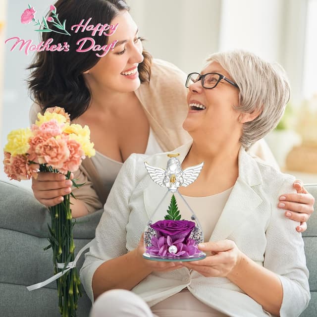 Detalle de YiHuaHua Rose Eternelle Cadeau Femme avec figurine d’ange et cloche en verre borosilicate
