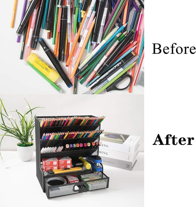 Detalle 2 de Vikmyer Mesh Desk Organiser with Drawer – 9-compartment pen holder for home office, school and study