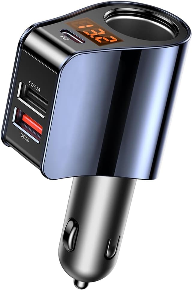 Detalle de RLCWerk 4-in-1 Zigarettenanzünder-Verteiler mit USB‑C Ladegerät bis 128 W und Spannungsanzeige