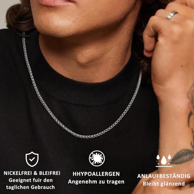 Detalle de Esrael Weizen/Venetian Edelstahlkette (2/3 mm) in Silber für Herren & Jungen – Kettenlänge 18/20/22/24 Zoll