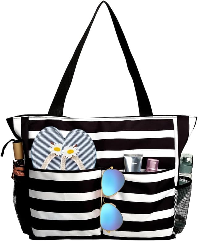 Detalle de TAHAVICE Strandtasche Damen XXL (43 x 38 x 15 cm, 45 L) mit Reißverschluss – wasserdicht & sandfest für Familie, Pool und Reise