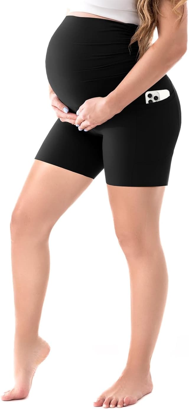 Detalle de Walifrey Damen Umstandsleggings mit Taschen, High Waist und blickdichtem Stoff (schwarz)