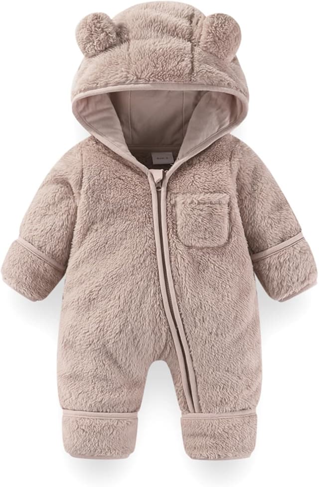 Detalle de Fairy Baby baby snowsuit – newborn bear hooded fleece romper with fold-down mittens and footmuffs