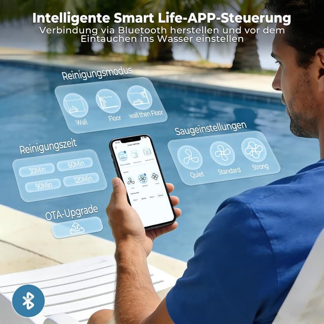 Detalle de BOTLUXE PC20 Poolroboter (2026 Upgrade) mit App-Steuerung, Boden-, Wand- & Wasserlinienreinigung für Pools bis 170 m²