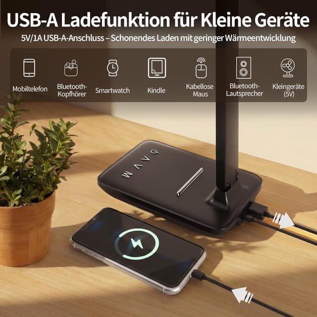 Detalle de UPXNBOR Schreibtischlampe LED dimmbar mit Touch, Augenschutz und USB-A-Ladeanschluss