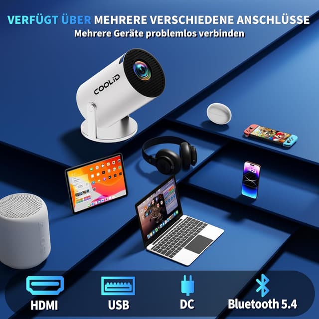 Thumbnail 5 de Tragbarer Mini-Beamer mit 4K/1080p, WiFi 6 & Bluetooth 5.4 – 1.400 Lumen, 180° drehbar, Weiß