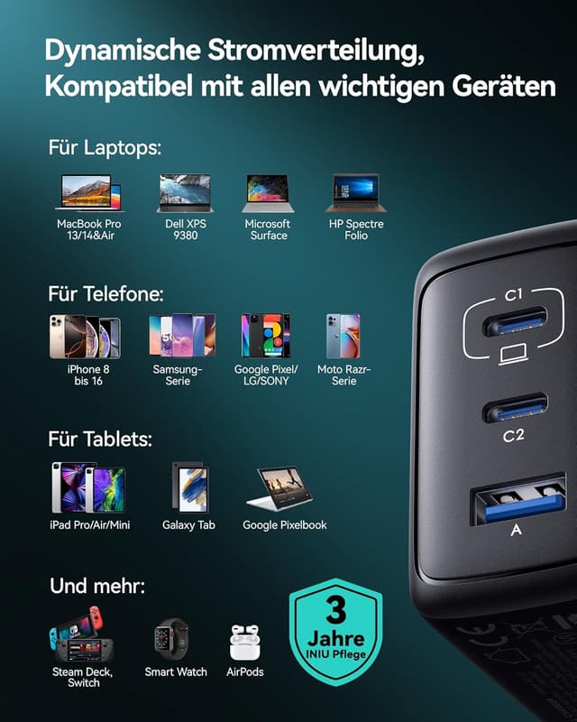 Thumbnail 6 de INIU 65W USB C Ladegerät – 3‑in‑1 Schnellladegerät