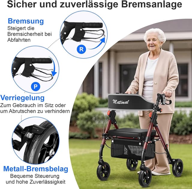 Detalle de Matinal Leichtgewicht Rollator faltbar mit Sitz – bis 160 kg belastbar, 6-fach höhenverstellbar