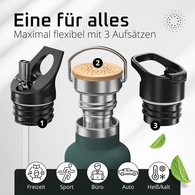 Detalle 2 de BeMaxx Edelstahl-Trinkflasche mit Strohhalm & Infuser + 3 Deckeln (BPA-frei, auslaufsicher) – 530 ml