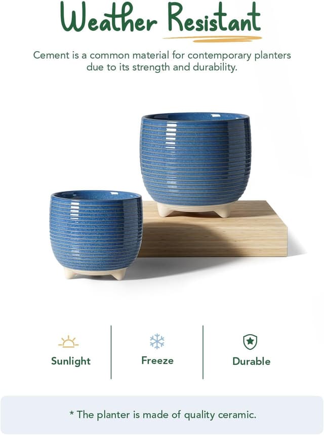 Detalle 2 de LE TAUCI Ceramic Plant Pots (12cm & 16cm footed planters) with drainage – reactive glaze blue