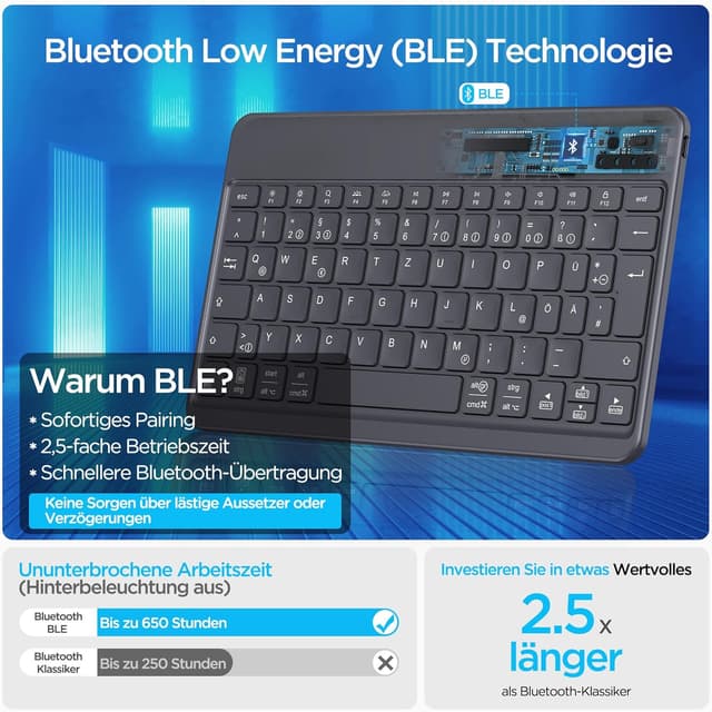 Detalle 2 de Emetok deutsche Bluetooth Tastatur – kabellos, wiederaufladbar, 7-farbige Hintergrundbeleuchtung, schwarz
