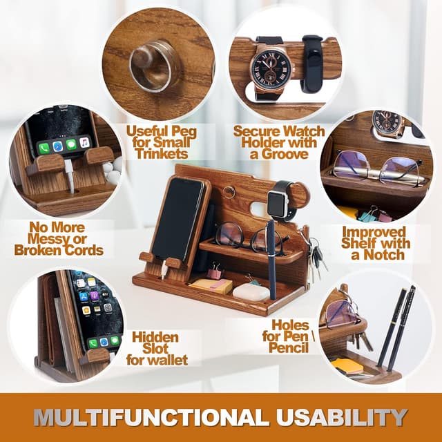 Detalle de Teslyar Gifts for Men Solid Ash Wood Phone Docking Station with Key Holder, Wallet & Watch Stand (Light Brown)