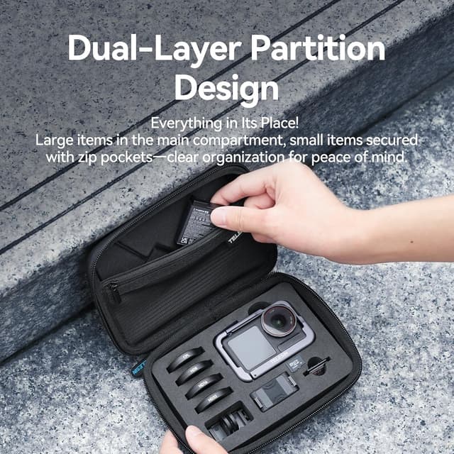 Detalle de TELESIN Tragetasche aus hartem PU für DJI Osmo Action 5 Pro/4/3 – schützende Reisetasche für Action-Cam-Zubehör