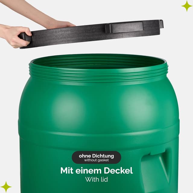 Detalle de Garronda 220-Liter Deckelfass/Weithalsfass aus HDPE (GD-0078), grünes Regenfass für Garten, Futter- und Lebensmittelkontakt