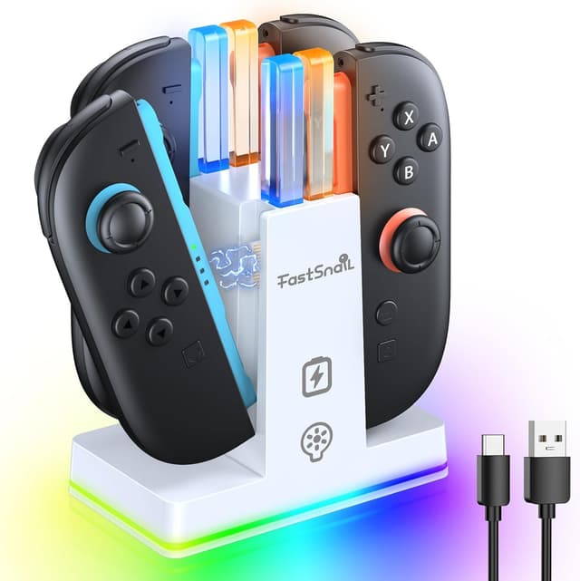 Detalle de FASTSNAIL RGB Ladestation für Joy Con 2 – magnetisch, für bis zu 4 Controller, 9 RGB-Modi (Weiß)