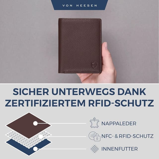 Detalle de VON HEESEN Leder-Geldbörse mit Münzfach & RFID-Schutz – Echtleder Portemonnaie in Braun