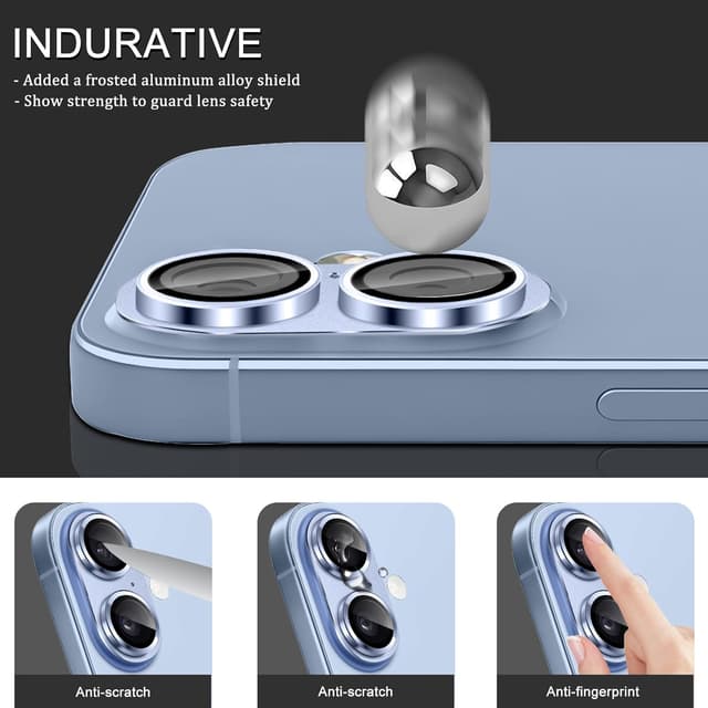 Detalle de LanQii Kameraschutz für iPhone 17 mit 9H Panzerglasfolie (Metall-Linsenprotektor) – Blau
