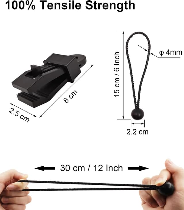 Detalle de 20pc Heavy-Duty Tarpaulin Clips & 6 Inch Bungee Balls Set (Black)