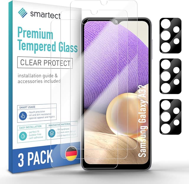 Detalle de smartect Vetro Temperato 3+3 (Clear) per Samsung Galaxy A32 5G: schermo + protezioni fotocamera, 9H e installazione senza bolle