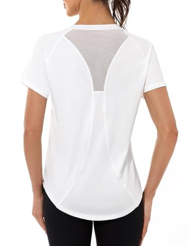 Detalle de Gyabnw Camiseta Deportiva de Mujer de Manga Corta con Espalda de Malla (Blanco)