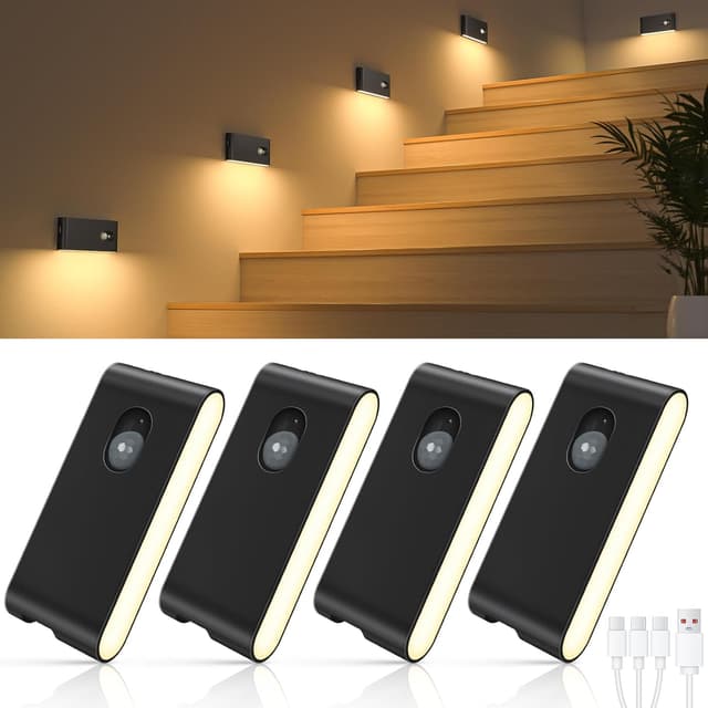 Detalle de WILLED LED-Nachtlicht mit Bewegungsmelder (4er-Set) – aufladbare USB-Treppenlichter mit 3 Modi