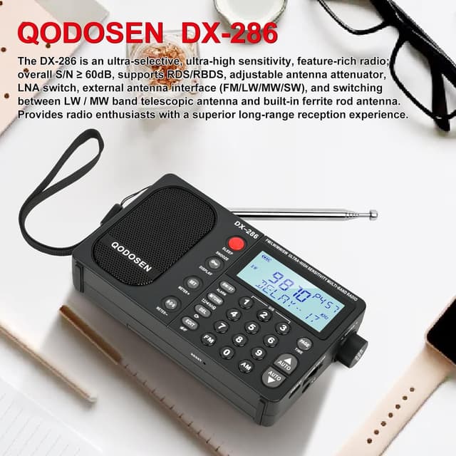 Detalle 2 de QODOSEN Radio portatile DX-286 con chip NXP TEF6686, 1000 preset e ricezione LW/MW/FM/SW