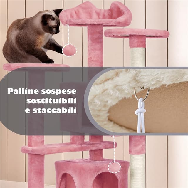 Thumbnail 6 de Yaheetech Albero tiragraffi per gatti da 137 cm con 2 casette e 2 palline in peluche (sisal naturale) rosa