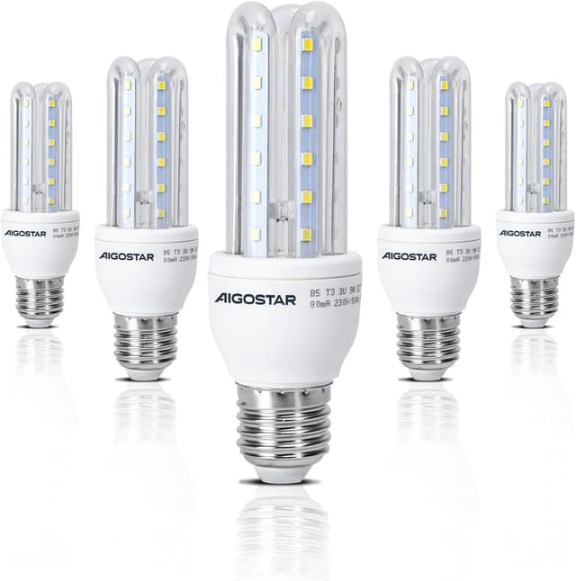 Detalle de Aigostar lot de 5 ampoules LED T3 3U E27 9W lumière blanche froide 6500K