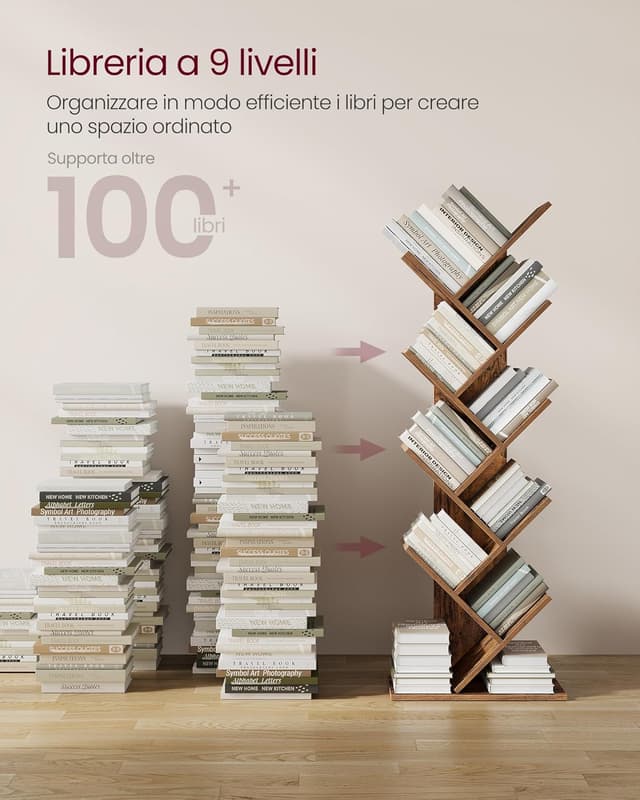 Detalle de VASAGLE Libreria scaffale ad albero a 9 ripiani LBC11BX, verticale salvaspazio marrone vintage